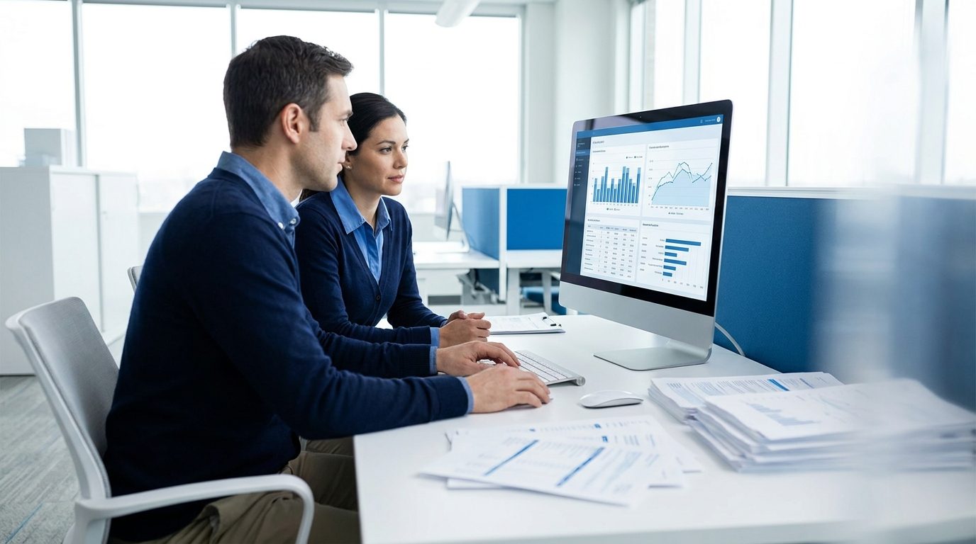 Two billing specialists reviewing laboratory revenue dashboards on a monitor with printed claim reports on the desk