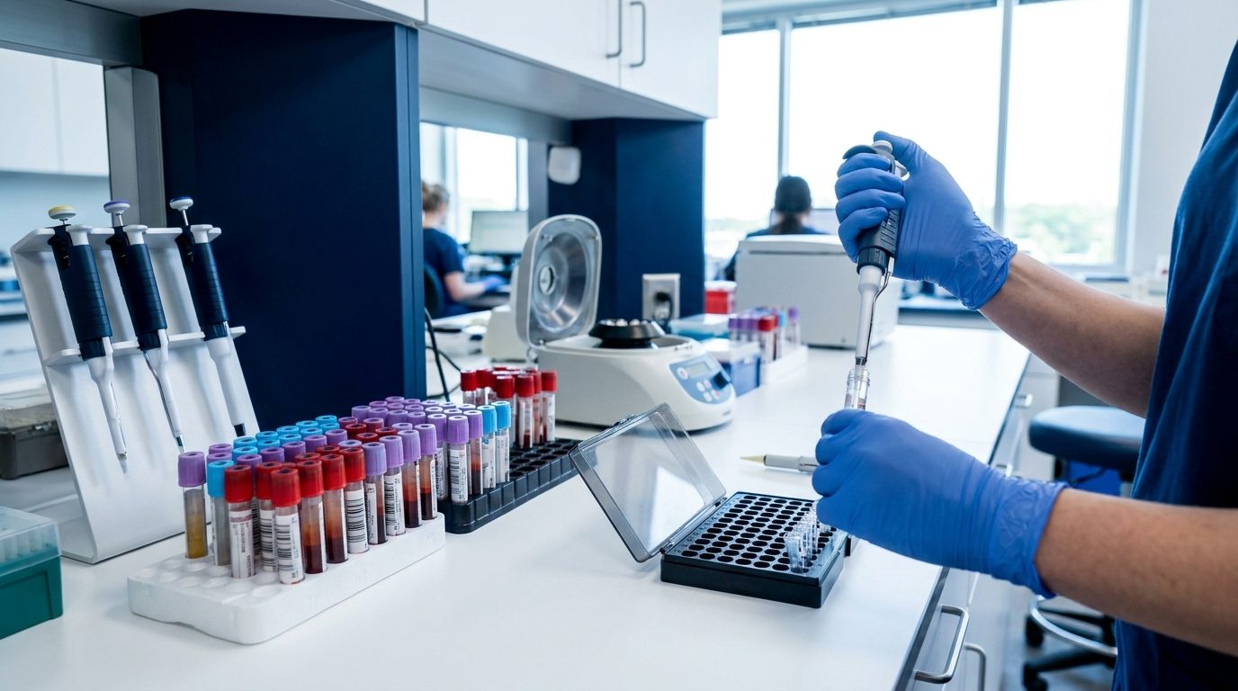 Gloved technician pipetting into a microplate beside racks of colour capped blood collection tubes and a centrifuge