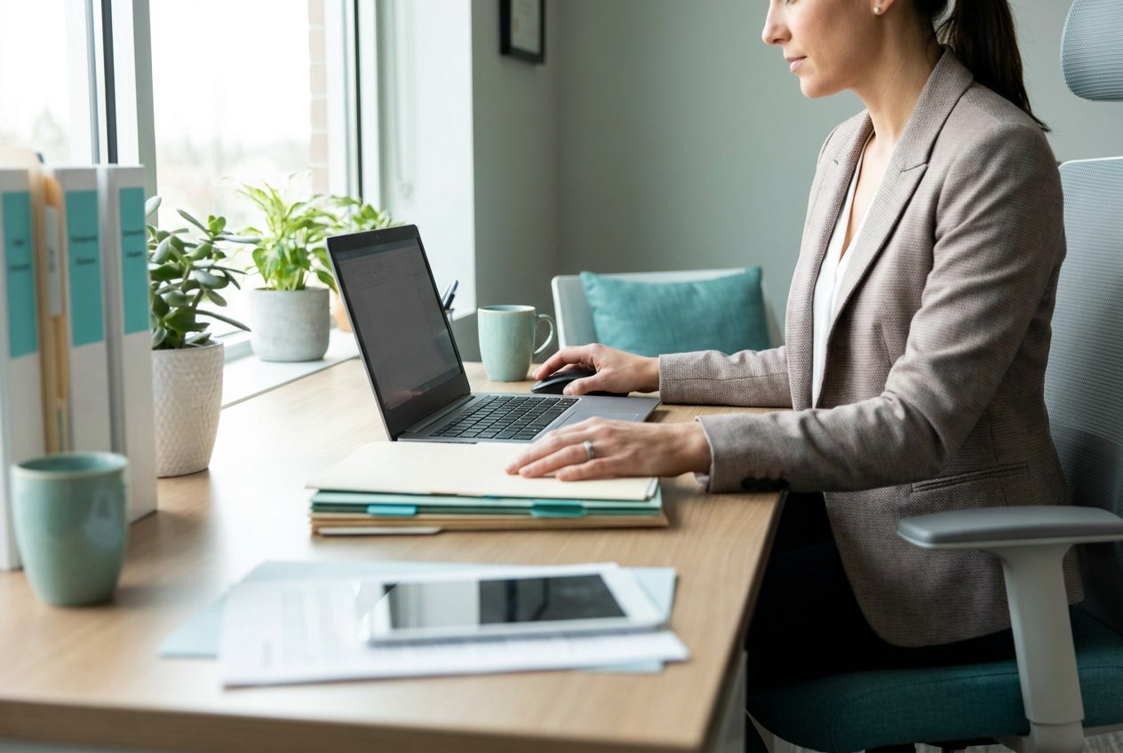 Credentialing specialist reviewing payer enrolment paperwork at a desk with a laptop and document folders