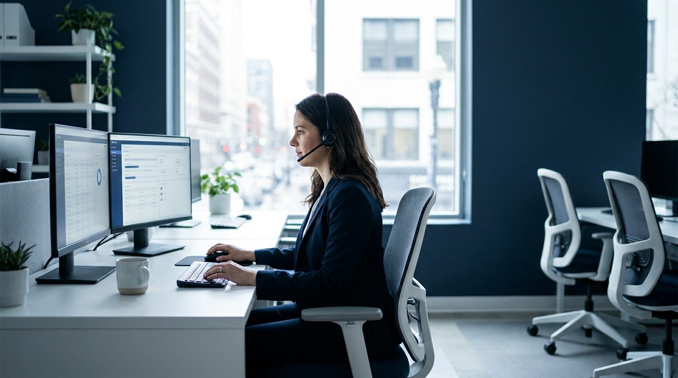 Benefits verification specialist wearing a headset checking patient eligibility across two monitors