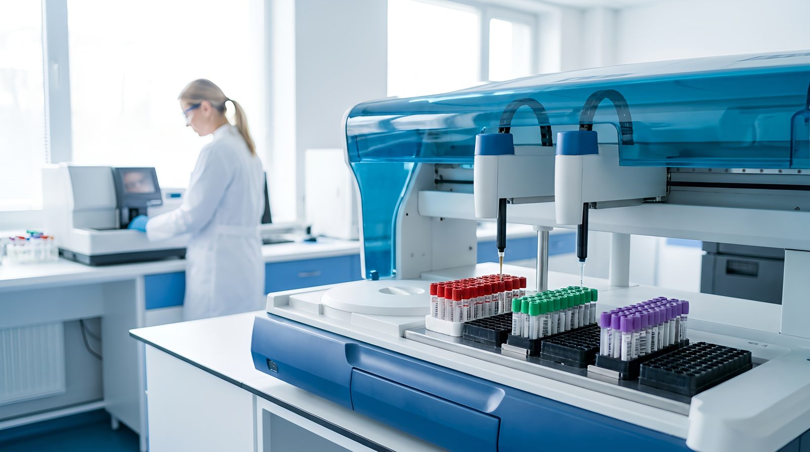 Automated chemistry analyser drawing from colour coded specimen tube racks as a scientist works behind
