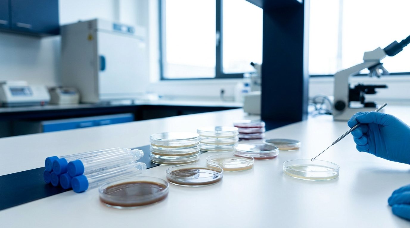 Gloved hand streaking a culture plate with an inoculation loop beside stacked petri dishes and swab transport tubes