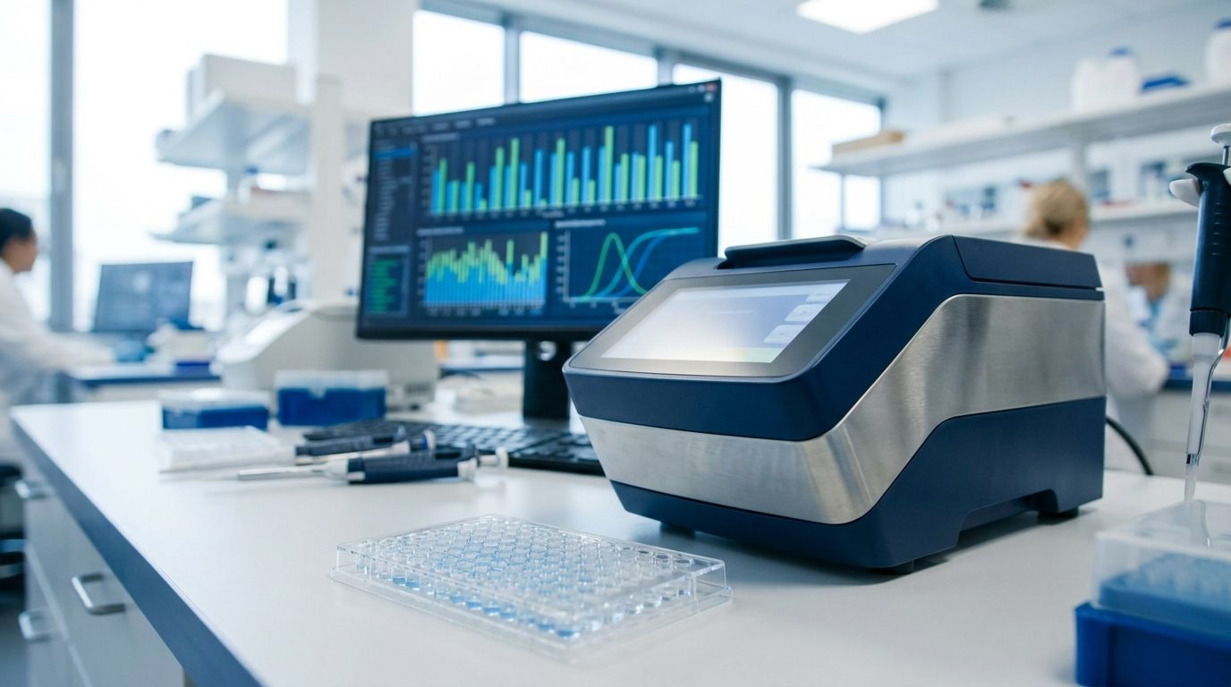 PCR thermal cycler on a laboratory bench with amplification charts on a monitor and an empty microplate in the foreground